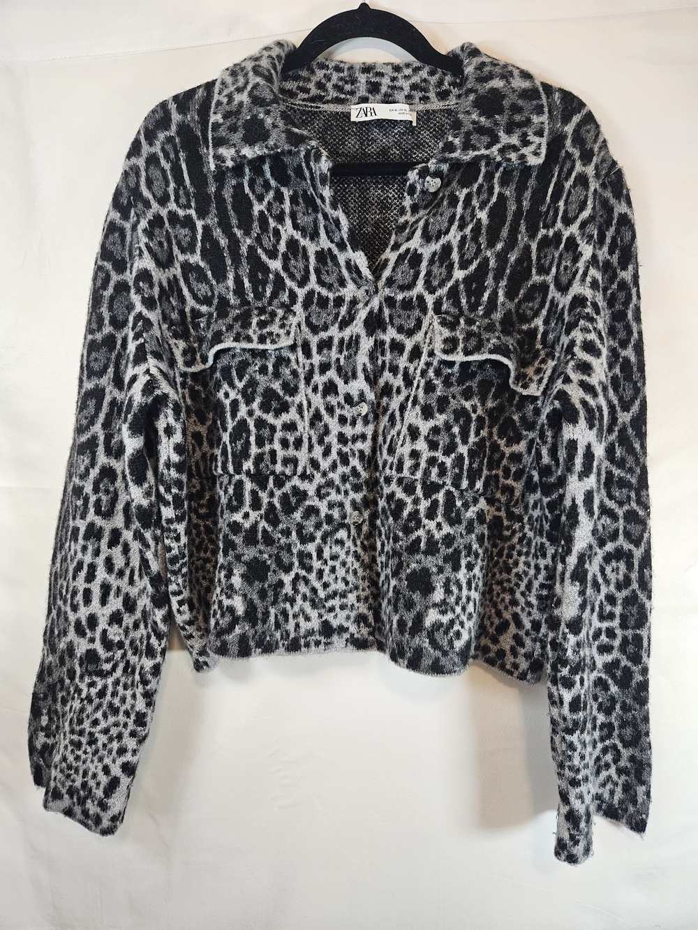 Zara Black and White Leopard Print Knit Short Jacket Outdoor Fall Winter
